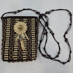Boho Panama Artisan Natural Wood Beaded Crossbody Bag Flower Details Brown Purse